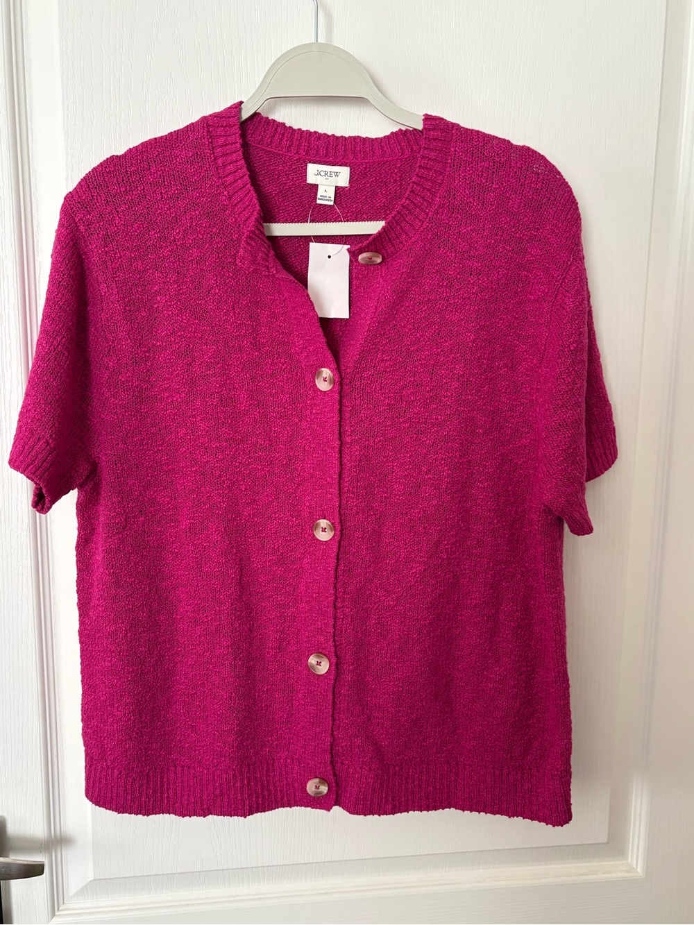 J. Crew Factory Short-Sleeve Button Cardigan Sweater - Fuchsia Pink